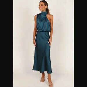 Petal & Pup Anabelle Teal Blue Satin Halter High Neck Midi Dress L